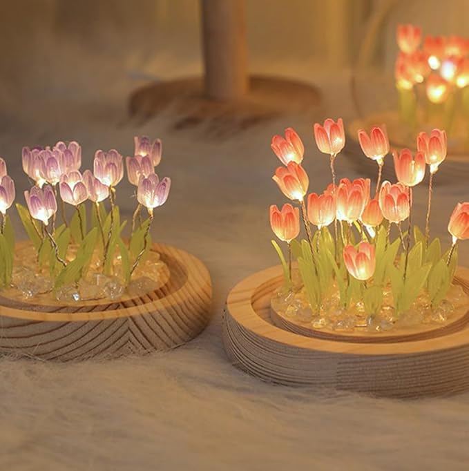 (20 Flower) Assembled Tulip Lamp Night Light with Glass Dome, Cool Handmade Artificial Flower Table Lamp Bedroom Desk Decoration for Women Girlfriend Sister Besties Birthday Christmas Gift (Purple)
