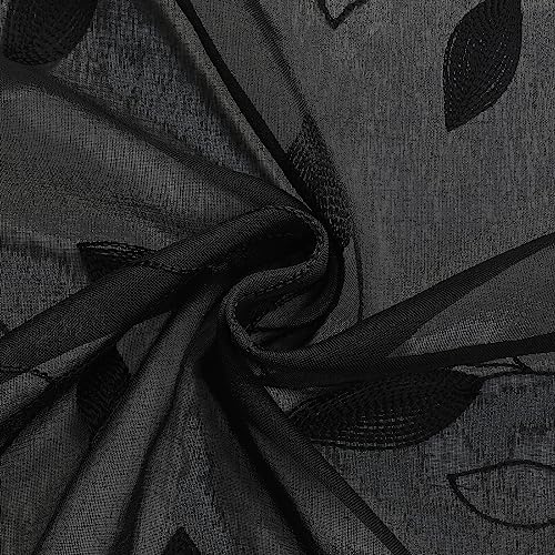 Black Sheer Curtains Leaf Embroidered (52"W x 63"L (Pack of 2) / Black)