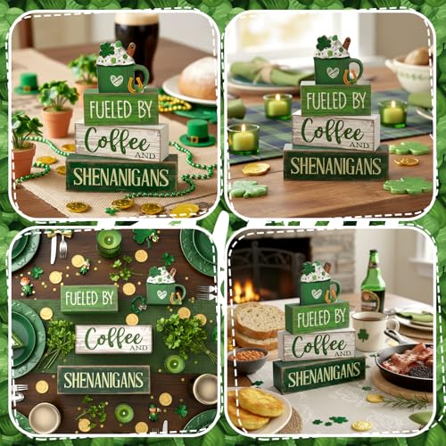 4 Pcs Wooden Tiered Tray Decor Irish Farmhouse Table Sign Coffee (Shamrock)