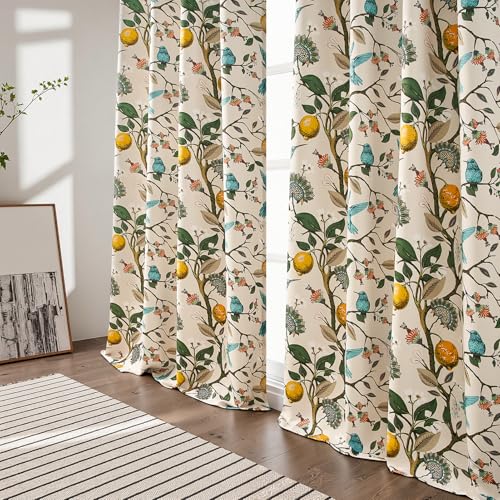 Floral Curtains 90 Inches Long 2 Panels Unique Natural Beige Luxury Elegant Colorful Euro Flower Hummingbird Patterned Rustic Vintage Grommet Drapes for Classroom Room Office Closet 52x90 (Beige / 52"W x 90"L (Pack of 2))