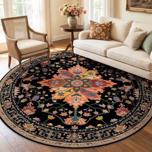 Washable Area Rug (Black/Colorful / 7' (Round))