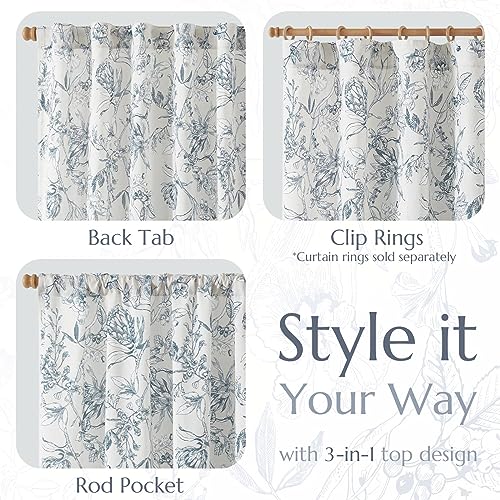Blue Floral Linen Curtains 96 Inch Vintage Back Tab 2 Panels (Flower Blue on White / 50"W x 96"L (Pack of 2))