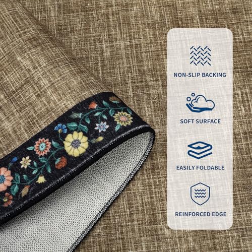 Washable Living Room Rug 9x12 Floral Bordered Area Rugs Soft Thin Indoor Carpet for Bedroom Modern Throw Aesthetic Mat Non Slip Stain Resistant Carpet for Dining Room Office (Black/Brown Flax / 9' x 12' (Rectangular))