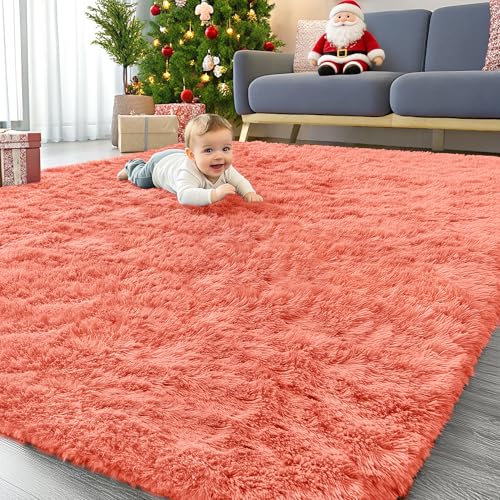 6x9 Machine Washable Large Area Rugs for Living Room (6x9 Ft / Coral Red)
