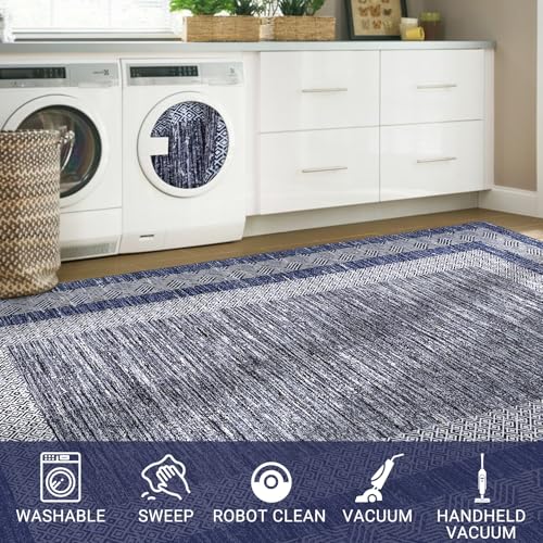 2x6 Modern Bordered Runner Rug Non Slip Washable Floor Carpet (Blue / 2' x 6' (Rectangular))