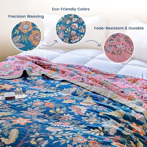 Boho Throw Blanket 60"x80" 100% Cotton Twin Floral Throw for Couch (Navy Garden / 60"x80")