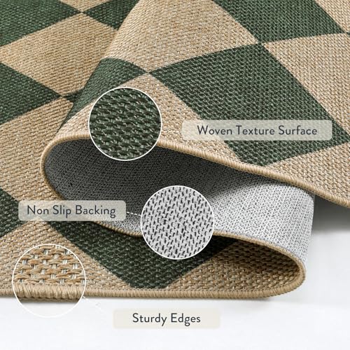 Checkered Easy Jute 3x5 Outdoor Patio Rug (3' x 5' (Rectangular) / Deep Green/Nature-2)