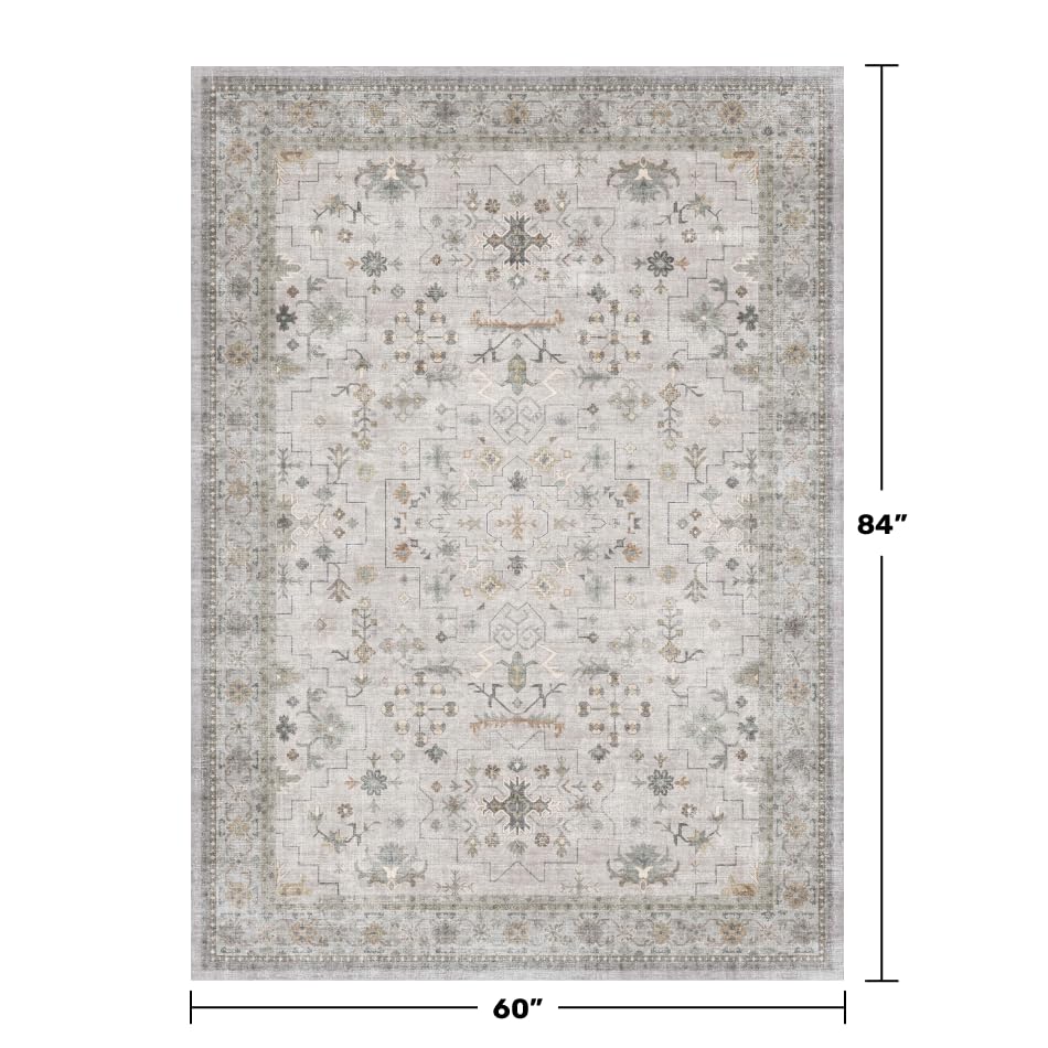 Boho Washable 5x7 Living Room Rug (5' x 7' (Rectangular) / Light Gray / Sage)