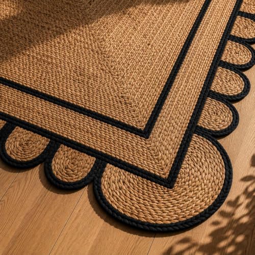 Scalloped Natural Jute Area Rug 2.5x6 Ft (Black / 2'7" x 6' (Rectangular))