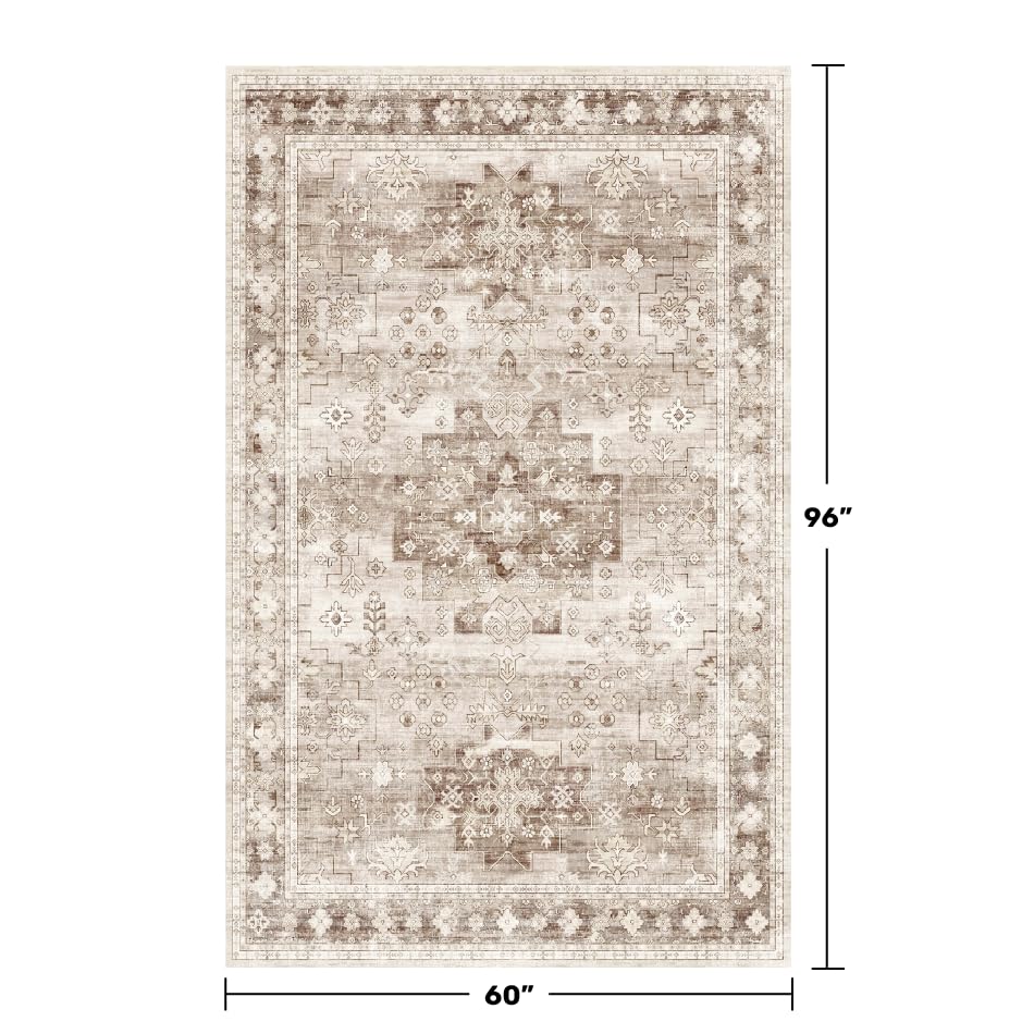 Washable Neutral Farmhouse Living Room Rug (5' x 8' (Rectangular) / Latte / Beige)
