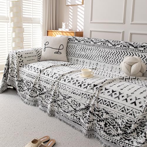 Boho Chenille Couch Cover for Dogs (Geometric Black / 71*118 inch)