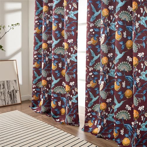 Rust Floral Curtains 96 Inches Long 2 Panels Unique Beige Luxury Elegant Colorful Euro Flower Hummingbird Patterned Rustic Vintage Grommet Drapes for Classroom Room Office Closet (Rust / 52"W x 96"L (Pack of 2))