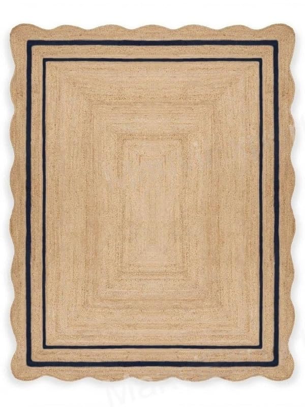 Chouhan Natural Jute Scalloped Bohemian Decor Handwoven Custom Decorative Rug (Black / 2'6" x 12' (Rectangular))