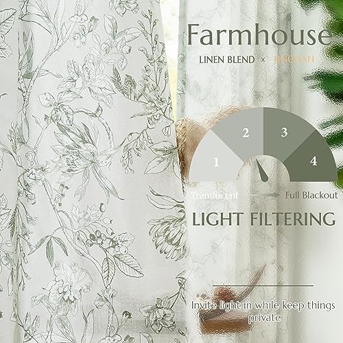 Green Floral Linen Curtains 84 Inch Vintage Back Tab 2 Panels (Flower Green on White / 50"W x 84"L (Pack of 2))