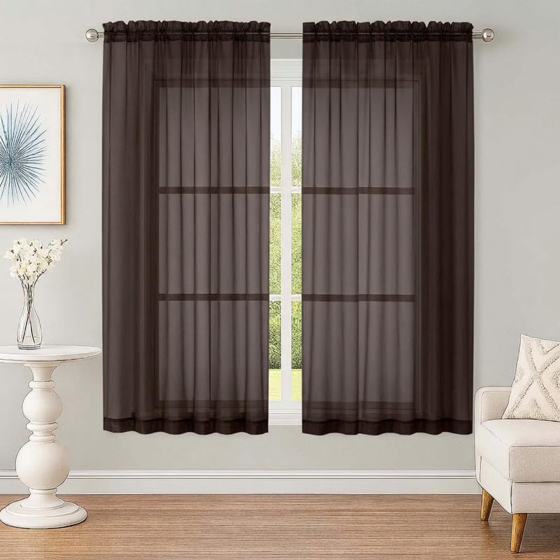 Chocolate Sheer Curtains 63 Inches 2 Panels for Living Room 59" Wide (Chocolate / 59"W x 63"L (Pack of 2))