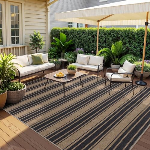 Striped Easy Jute Rug 6x9 Outdoor Rug for Backyard Patio Office (6'*9'(Rectangular) / Black/Striped)