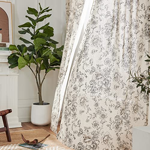 Vintage Floral Linen Curtains 96 Long for Living Room 2 Panels (Black on Beige / 38"W x 96"L (Pack of 2))