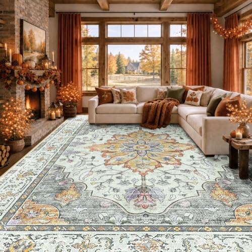 Washable Area Rug (Beige/Carbon Grey/Orange / 9' x 12' (Rectangular))