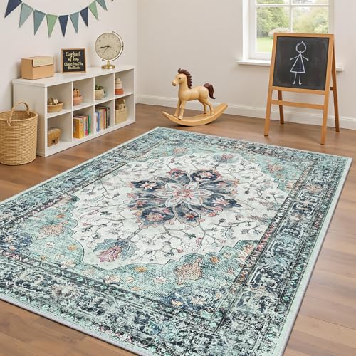 Washable Area Rug (Teal Green/White/Navy / 4' x 6' (Rectangular))
