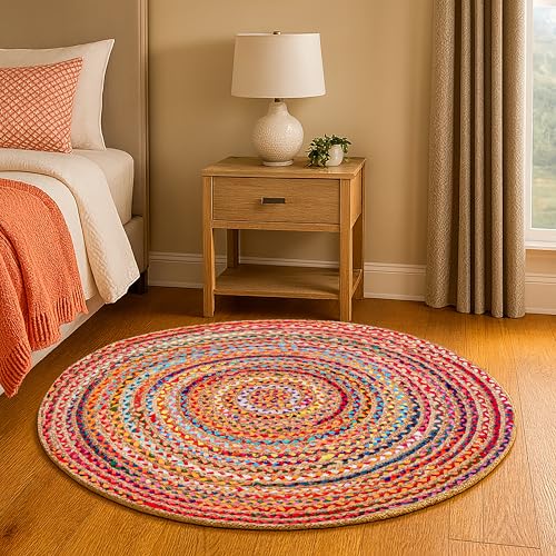 Jute Cotton Braided Woven Rug 4 Feet Round (4' (Round) / Multi Color)