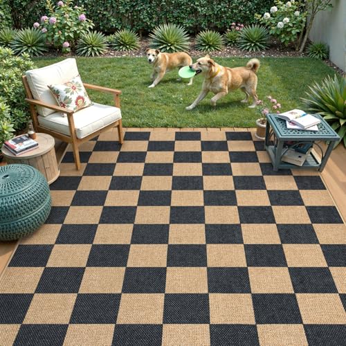 Checkered Easy Jute 5x7 Outdoor Patio Rug (5' x 7' (Rectangular) / Black/Checkerboard -1)