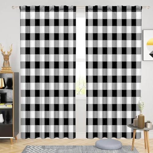 42 x 84 Inch Linen Buffalo Plaid Check Curtains Blackout Bedroom Room Darkening Thermal Insulated Black White Buffalo Checkered Window Drapes Farmhouse Living Room Pocket Tab Curtain 2 Panels (Black White / 42"W x 84"L (Pack of 2))