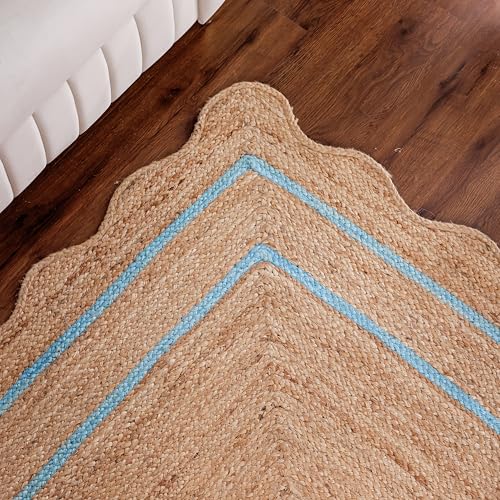 Wave Scalloped Jute Rug Entryway Natural Boho Area Rug Sky Blue 12'x12' (12'x12' / Sky Blue)
