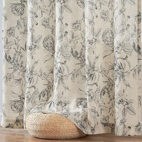 Black Floral Linen Curtains 96 Inch Vintage Back Tab 2 Panels (Flower Black on Beige / 50"W x 96"L (Pack of 2))