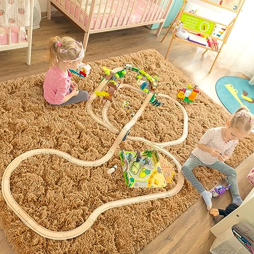 Area Rugs Fluffy Living Room Carpets for Kids Bedroom 4x5.3 (Khaki / 4' x 5.3' (Rectangular))