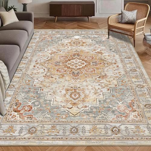 Washable Area Rug 5' x 7' Vintage Traditional Persian Mat (Dove Gray and Coral / 5' x 7' (Rectangular))