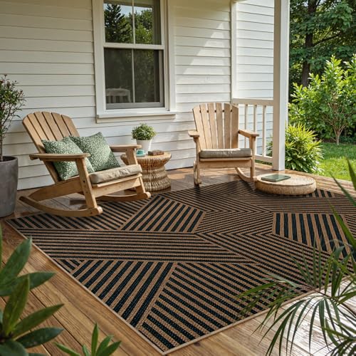 Geometric Easy Jute Outdoor Rug 5x7 (5' x 7' (Rectangular) / Black/Nature Geometric-2)
