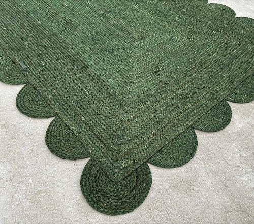 Scallop Jute Area Rug Boho Jute Rug Scalloped Coastal Rug (Palm Green / 10'x14' (Rectangular))