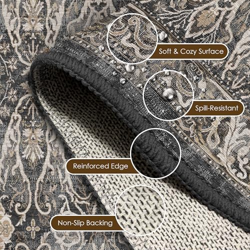 Washable Area Rug 6' x 9' Vintage Traditional Persian Mat (Ebony and Taupe / 6' x 9' (Rectangular))
