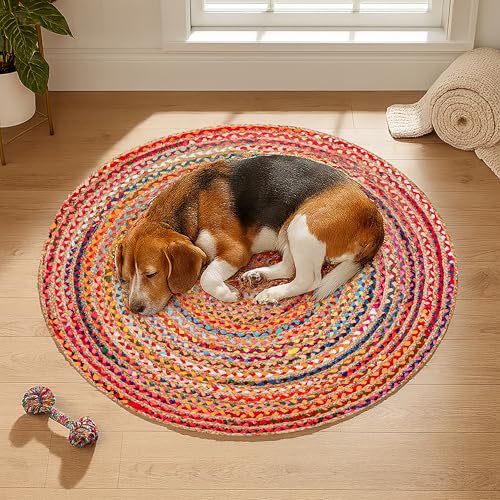 Jute Cotton Braided Woven Rug 4 Feet Round (4' (Round) / Multi Color)