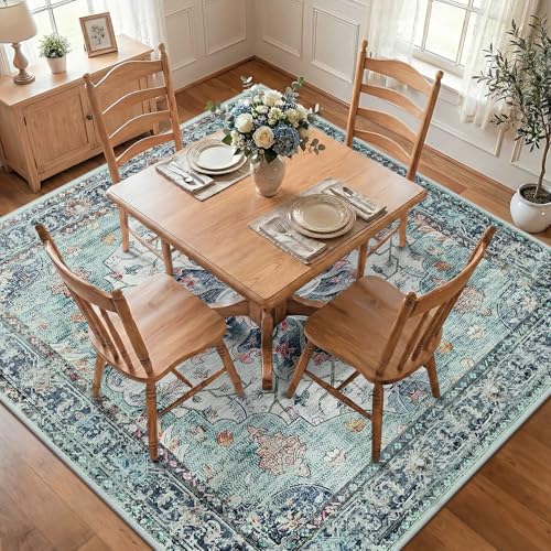 Washable Area Rug (Teal Green/White/Navy / 7' x 7' (Square))