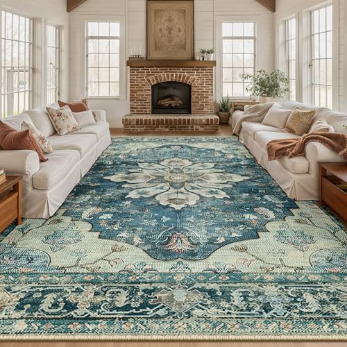 Washable Area Rug (Blue/Vintage Dark Blue / 10' x 14' (Rectangular))