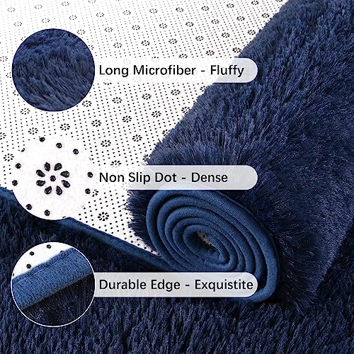 Soft Runner Rug for Bedroom Living Room Plush Fluffy Rug 2x10 (Navy Blue / 2' x 10' (Runner))