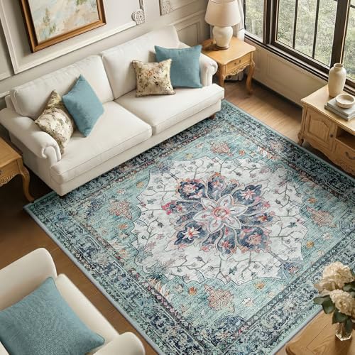 Washable Area Rug (Teal Green/White/Navy / 6' x 6' (Square))