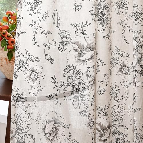 Vintage Floral Linen Curtains 54 Long for Living Room 2 Panels (Black on Beige / 50"W x 54"L (Pack of 2))