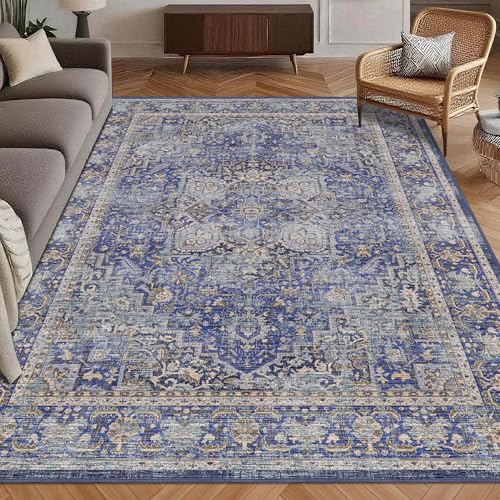 Washable Area Rug 3' x 5 ' Vintage Traditional Persian Mat (Indigo and Gold / 3' x 5' (Rectangular))