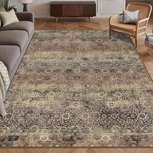 Washable Area Rug 4' x 6' Vintage Traditional Persian Mat (Umber and Slate / 4' x 6' (Rectangular))