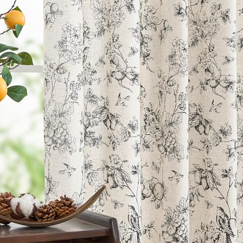 Black Floral Linen Curtains 84 Inch Vintage Back Tab 2 Panels (Black Floral on Linen / 50"W x 84"L (Pack of 2))