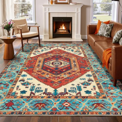 6x9 Washable Non Slip Boho Area Rug for Living Room (Orange/Multi / 6' x 9' (Rectangular))