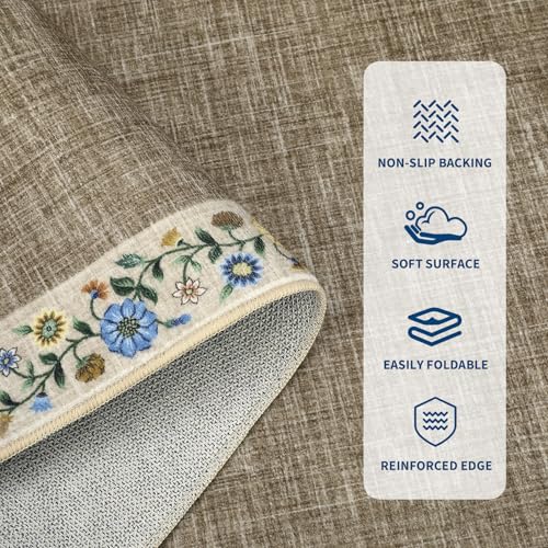 10x13 Machine Washable Rugs for Living Room Large Area Rug Modern Floral Indoor Accent Carpet Low Pile Carpet Soft Throw Aesthetic Floor Cover for Bedroom Laundry Dining Room (Taupe/Flax / 10' x 13' (Rectangular))