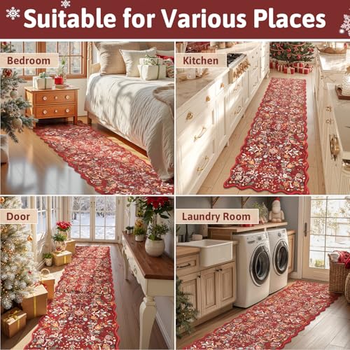 2x8 Christmas Runner Rug Washable Christmas Holiday Carpet Runner (Red Christmas Floral / 2' x 8')