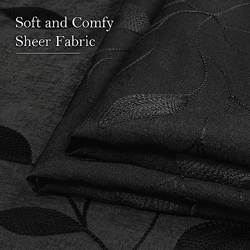 Black Sheer Curtains Leaf Embroidered (52"W x 84"L (Pack of 2) / Black)