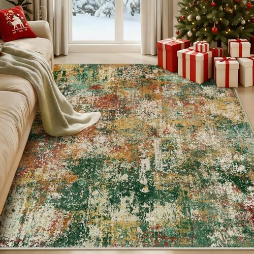 Washable 5'x7' Abstract Area Rug for Living Room Green Multi (Green/Orange/Red/Blue / 5' x 7' (Rectangular))