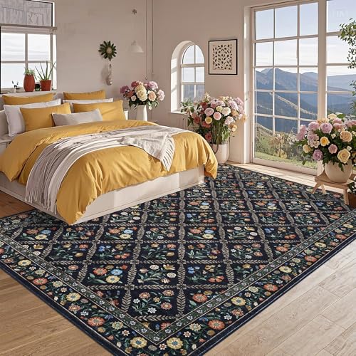 8x10 Washable Large Living Room Rug Water Resistant Distressed Vintage Floral (Navy/Black / 8' x 10' (Rectangular))
