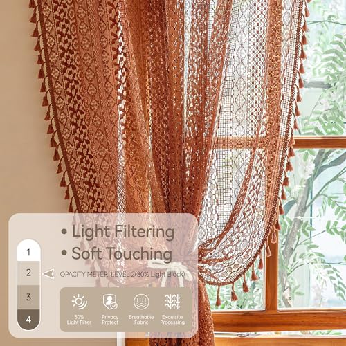 Boho Lace Curtains 84 Inches 2 Panel (59"W x 84"L (Pack of 2) / Burnt Orange)