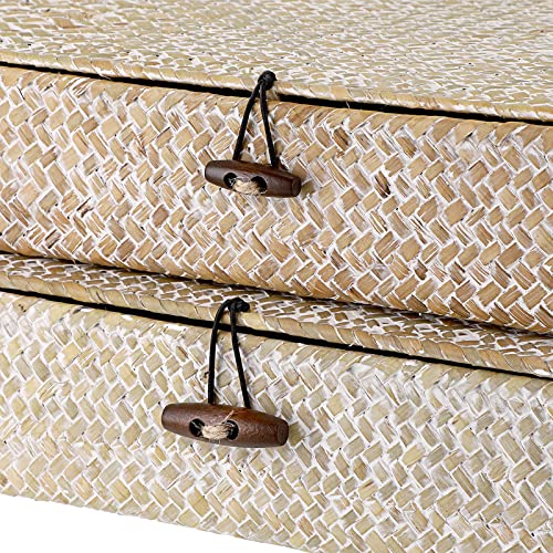Set of 2 Flat Woven Wicker Basket Bins with Lid Natural Seagrass Box (Small+Large / Whitewash)